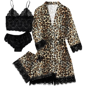 image:imageLYANER Womens Sexy Silk Satin Pajamas Set 4pcs Lingerie Nightwear Floral Lace Cami Pjs Sleepwear with RobeLeopard