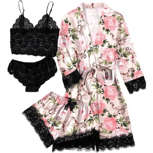 image:imageLYANER Womens Sexy Silk Satin Pajamas Set 4pcs Lingerie Nightwear Floral Lace Cami Pjs Sleepwear with RobeLight Pink Floral Print