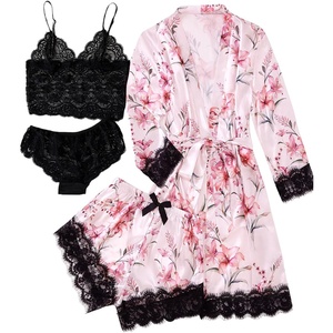 image:imageLYANER Womens Sexy Silk Satin Pajamas Set 4pcs Lingerie Nightwear Floral Lace Cami Pjs Sleepwear with RobeLight Pink Print
