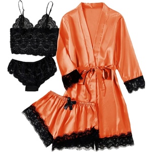 image:imageLYANER Womens Sexy Silk Satin Pajamas Set 4pcs Lingerie Nightwear Floral Lace Cami Pjs Sleepwear with RobeOrange