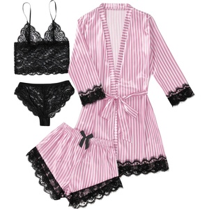 image:imageLYANER Womens Sexy Silk Satin Pajamas Set 4pcs Lingerie Nightwear Floral Lace Cami Pjs Sleepwear with RobePink and White Stripes