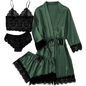 image:imageLYANER Womens Sexy Silk Satin Pajamas Set 4pcs Lingerie Nightwear Floral Lace Cami Pjs Sleepwear with RobePlain Deep Green