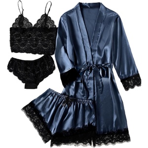 image:imageLYANER Womens Sexy Silk Satin Pajamas Set 4pcs Lingerie Nightwear Floral Lace Cami Pjs Sleepwear with RobePure Navy Blue