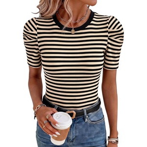 image:imageLYANER Womens Short Puff Sleeve Cotton Tops Crew Neck Striped Shirt Blouse Trendy Going Out TopsBeige