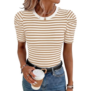 image:imageLYANER Womens Short Puff Sleeve Cotton Tops Crew Neck Striped Shirt Blouse Trendy Going Out TopsKhaki