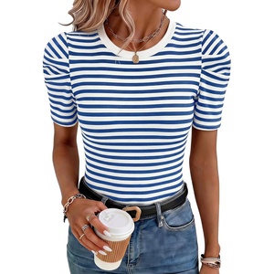 image:imageLYANER Womens Short Puff Sleeve Cotton Tops Crew Neck Striped Shirt Blouse Trendy Going Out TopsLight Royal Blue