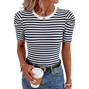 image:imageLYANER Womens Short Puff Sleeve Cotton Tops Crew Neck Striped Shirt Blouse Trendy Going Out TopsNavy Blue
