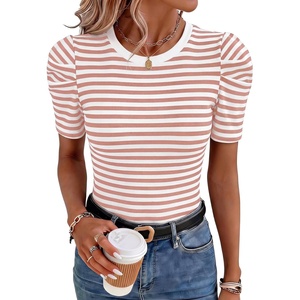 image:imageLYANER Womens Short Puff Sleeve Cotton Tops Crew Neck Striped Shirt Blouse Trendy Going Out TopsPink