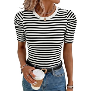 image:imageLYANER Womens Short Puff Sleeve Cotton Tops Crew Neck Striped Shirt Blouse Trendy Going Out TopsWhite