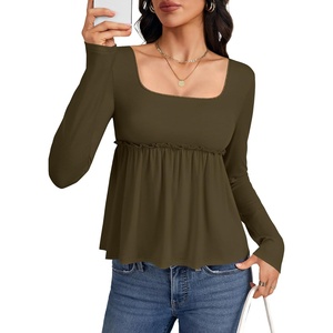 image:imageLYANER Womens Square Neck Frill Ruched Long Sleeve Babydoll Peplum Top Blouse ShirtArmy Green