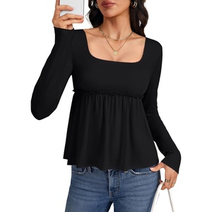 image:imageLYANER Womens Square Neck Frill Ruched Long Sleeve Babydoll Peplum Top Blouse ShirtBlack