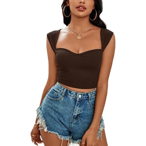 image:imageLYANER Womens Square Neck Ribbed Knit Sleeveless Slim Fit Solid Crop Top ShirtBrown