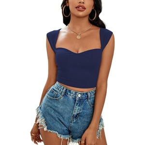 image:imageLYANER Womens Square Neck Ribbed Knit Sleeveless Slim Fit Solid Crop Top ShirtNavy Blue