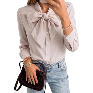 image:imageLYANER Womens Striped Button Down Shirts Bow Tie Neck Elegant Long Sleeve Blouse Casual TopsBrown