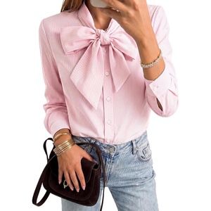 image:imageLYANER Womens Striped Button Down Shirts Bow Tie Neck Elegant Long Sleeve Blouse Casual TopsPink