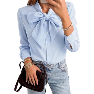 image:imageLYANER Womens Striped Button Down Shirts Bow Tie Neck Elegant Long Sleeve Blouse Casual TopsSky Blue