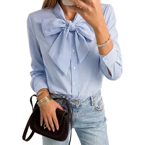 image:imageLYANER Womens Striped Button Down Shirts Vintage Bow Tie Collar Long Sleeve Elegant Blouse Tops Blue XSmall