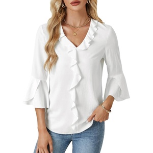 image:imageLYANER Womens Summer Ruffle Blouse V Neck 34 Sleeve Ladies Dressy Casual Victorian Shirt Tops White XLarge