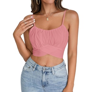image:imageLYANER Womens Summer Square Neck Spaghetti Strap Wrap Tie Up Back Crop Top Cami BlouseLight Pink