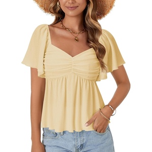 image:imageLYANER Womens Sweetheart Neck Ruched Ruffle Short Sleeve Peplum Weekend Blouse Top Light Yellow Medium
