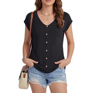 image:imageLYANER Womens V Neck Button Blouse Cap Sleeve Work Shirt Office Dressy Tee Shirt TopsBlack
