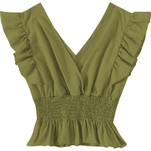 image:imageLYANER Womens V Neck Ruffle Cap Sleeve Shirred Blouse Sexy Crop Tank TopArmy Green