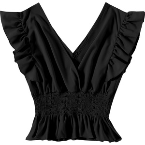 image:imageLYANER Womens V Neck Ruffle Cap Sleeve Shirred Blouse Sexy Crop Tank TopBlack Solid