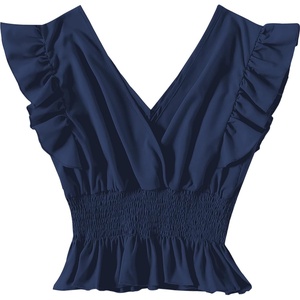 image:imageLYANER Womens V Neck Ruffle Cap Sleeve Shirred Blouse Sexy Crop Tank TopDeep Blue