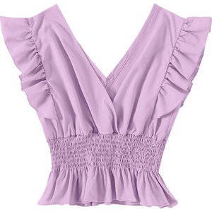 image:imageLYANER Womens V Neck Ruffle Cap Sleeve Shirred Blouse Sexy Crop Tank TopLight Purple