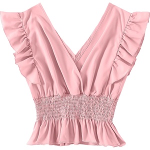 image:imageLYANER Womens V Neck Ruffle Cap Sleeve Shirred Blouse Sexy Crop Tank TopPink