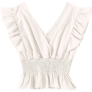 image:imageLYANER Womens V Neck Ruffle Cap Sleeve Shirred Blouse Sexy Crop Tank TopWhite