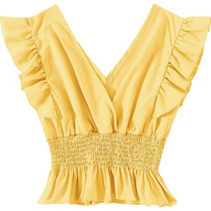 image:imageLYANER Womens V Neck Ruffle Cap Sleeve Shirred Blouse Sexy Crop Tank TopYellow