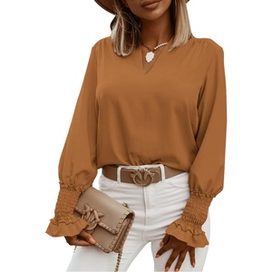 image:imageLYANER Womens V Neck Shirred Bell Long Sleeve Blouse Casual Tunic TopBrown