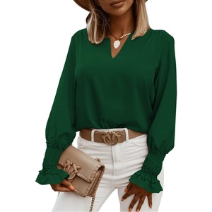 image:imageLYANER Womens V Neck Shirred Bell Long Sleeve Blouse Casual Tunic TopDark Green