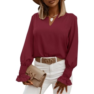 image:imageLYANER Womens V Neck Shirred Bell Long Sleeve Blouse Casual Tunic TopWine Red