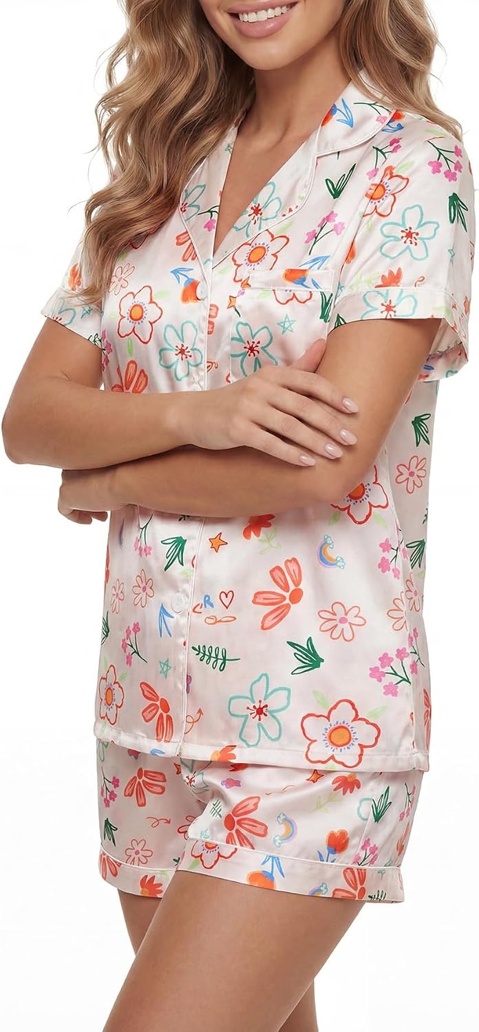 image:imageLYANER Womens Silky Satin Pajamas Set Short Sleeve Button Down Shirt With Shorts Pjs Set SleepwearMulticolored