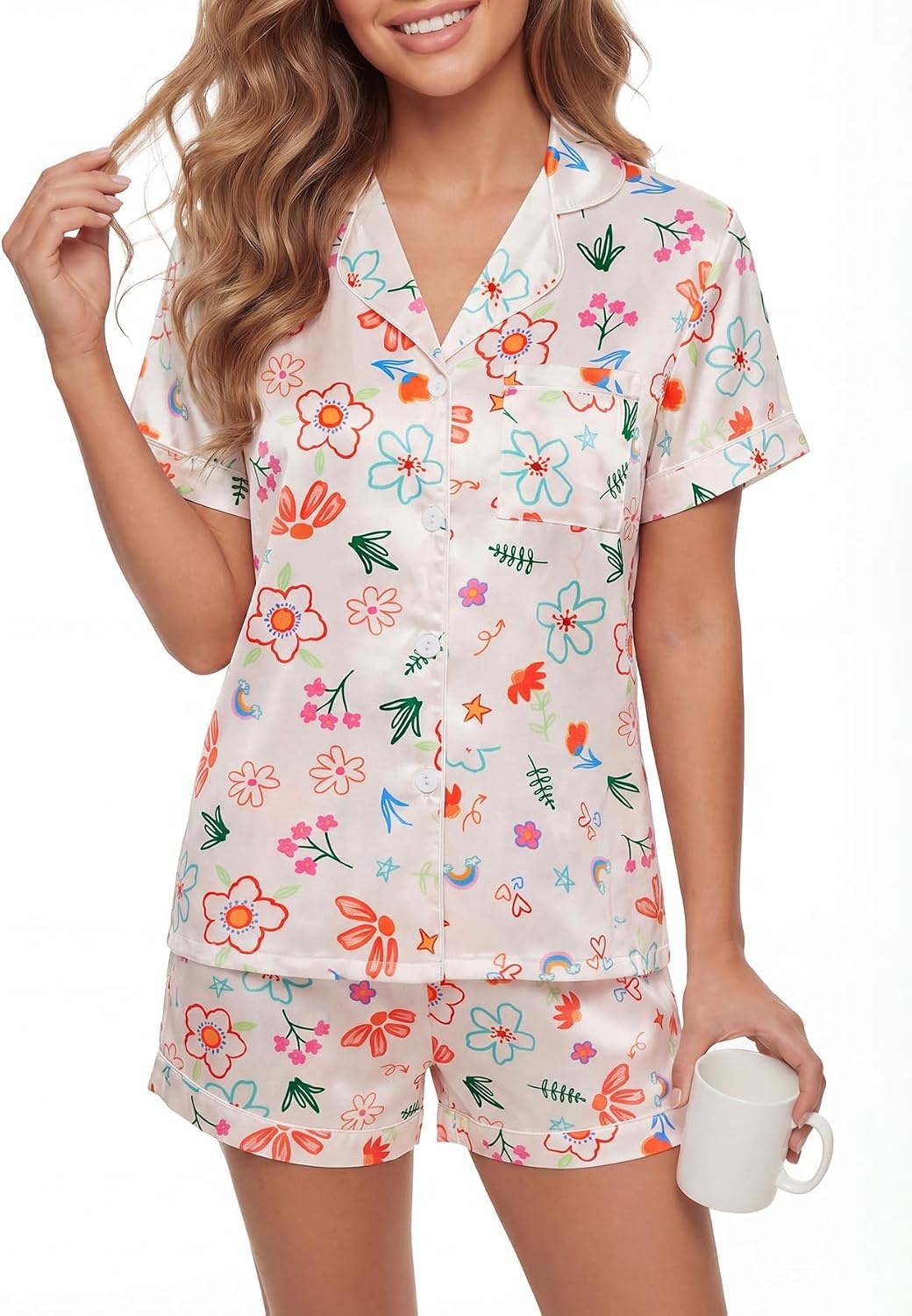 image:imageLYANER Womens Silky Satin Pajamas Set Short Sleeve Button Down Shirt With Shorts Pjs Set SleepwearMulticolored