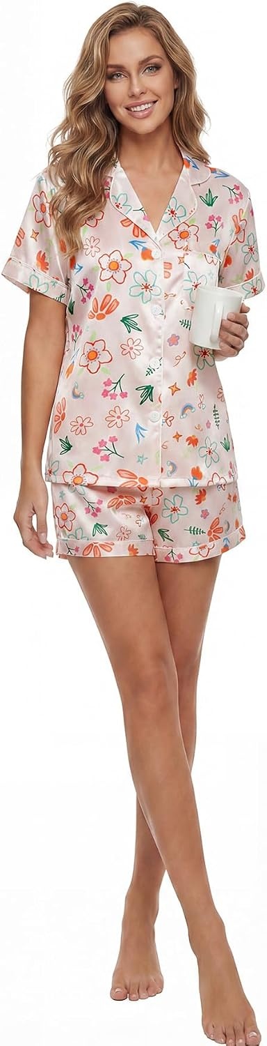 image:imageLYANER Womens Silky Satin Pajamas Set Short Sleeve Button Down Shirt With Shorts Pjs Set SleepwearMulticolored