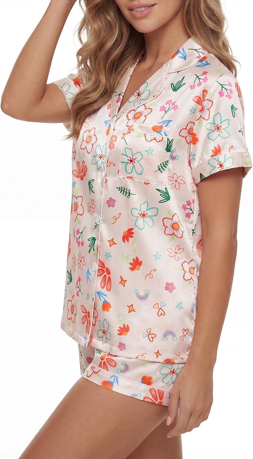 image:imageLYANER Womens Silky Satin Pajamas Set Short Sleeve Button Down Shirt With Shorts Pjs Set SleepwearMulticolored