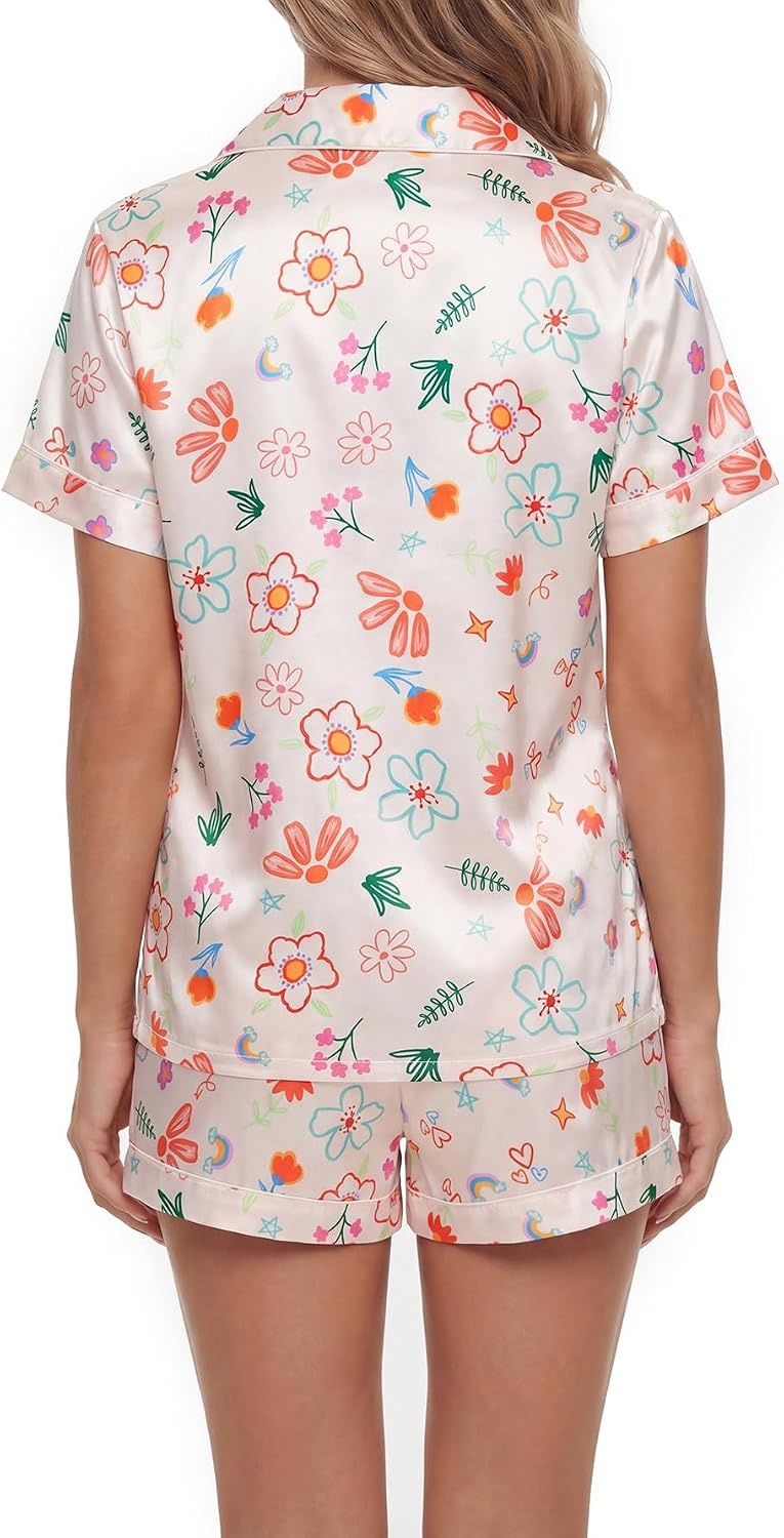 image:imageLYANER Womens Silky Satin Pajamas Set Short Sleeve Button Down Shirt With Shorts Pjs Set SleepwearMulticolored