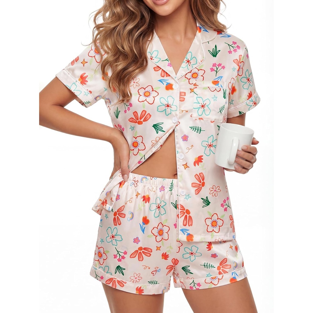 image:imageLYANER Womens Silky Satin Pajamas Set Short Sleeve Button Down Shirt With Shorts Pjs Set SleepwearMulticolored