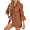 image:imageLYANER Womens 34 Length Bell Sleeve Collar V Neck Button Down Blouse Shirt TopCaramel