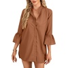 image:imageLYANER Womens 34 Length Bell Sleeve Collar V Neck Button Down Blouse Shirt TopCaramel