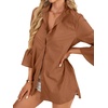 image:imageLYANER Womens 34 Length Bell Sleeve Collar V Neck Button Down Blouse Shirt TopCaramel