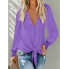 image:imageLYANER Womens Casual V Neck Long Sleeve Tie Front Knot Button Down Shirt Blouse TopPurple