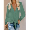 image:imageLYANER Womens Casual V Neck Long Sleeve Tie Front Knot Button Down Shirt Blouse TopTurquoise