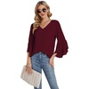 image:imageLYANER Womens Casual V Neck Ruffle Bell Half Sleeve Blouse Shirt Tunic TopBurgundy