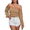 image:imageLYANER Womens Corset Off Shoulder Puff Long Sleeve Ruffle Tie Front Crop Top Blouse ShirtKhaki