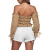image:imageLYANER Womens Corset Off Shoulder Puff Long Sleeve Ruffle Tie Front Crop Top Blouse ShirtKhaki