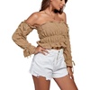 image:imageLYANER Womens Corset Off Shoulder Puff Long Sleeve Ruffle Tie Front Crop Top Blouse ShirtKhaki